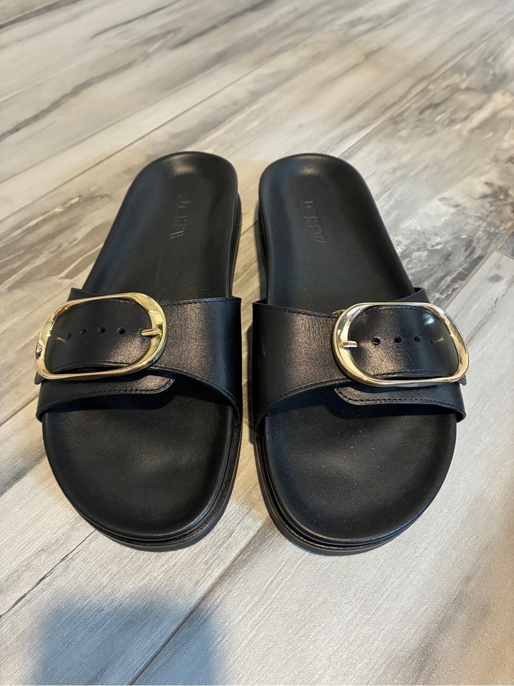 J. Crew Black Slide Sandals with Gold Buckle